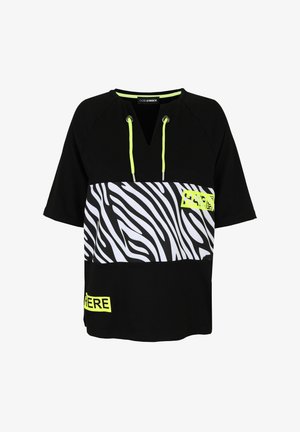 Black short-sleeve shirt with a deep V-neck, featuring a zebra print and neon yellow accents, including text and drawstring details.