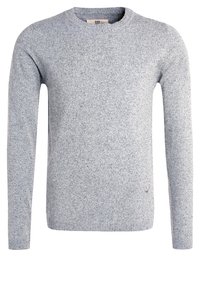 Maglione lavorato a maglia grigio chiaro con maniche lunghe, colletto rotondo e orlo a coste. Presenta un motivo a pois discreto e un piccolo logo in basso.