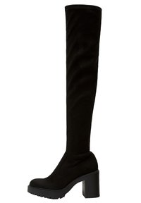 Botas negras por encima de la rodilla hechas de suave ante, con un grueso tacón de bloque y una superficie texturizada. Presentan una silueta ajustada y un diseño minimalista.