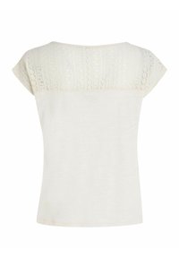 Witte T-shirt met korte mouwen en een kanten inzet. Gladde textuur, casual pasvorm, ronde halslijn. Achteraanzicht, geen zichtbare logo's of labels.