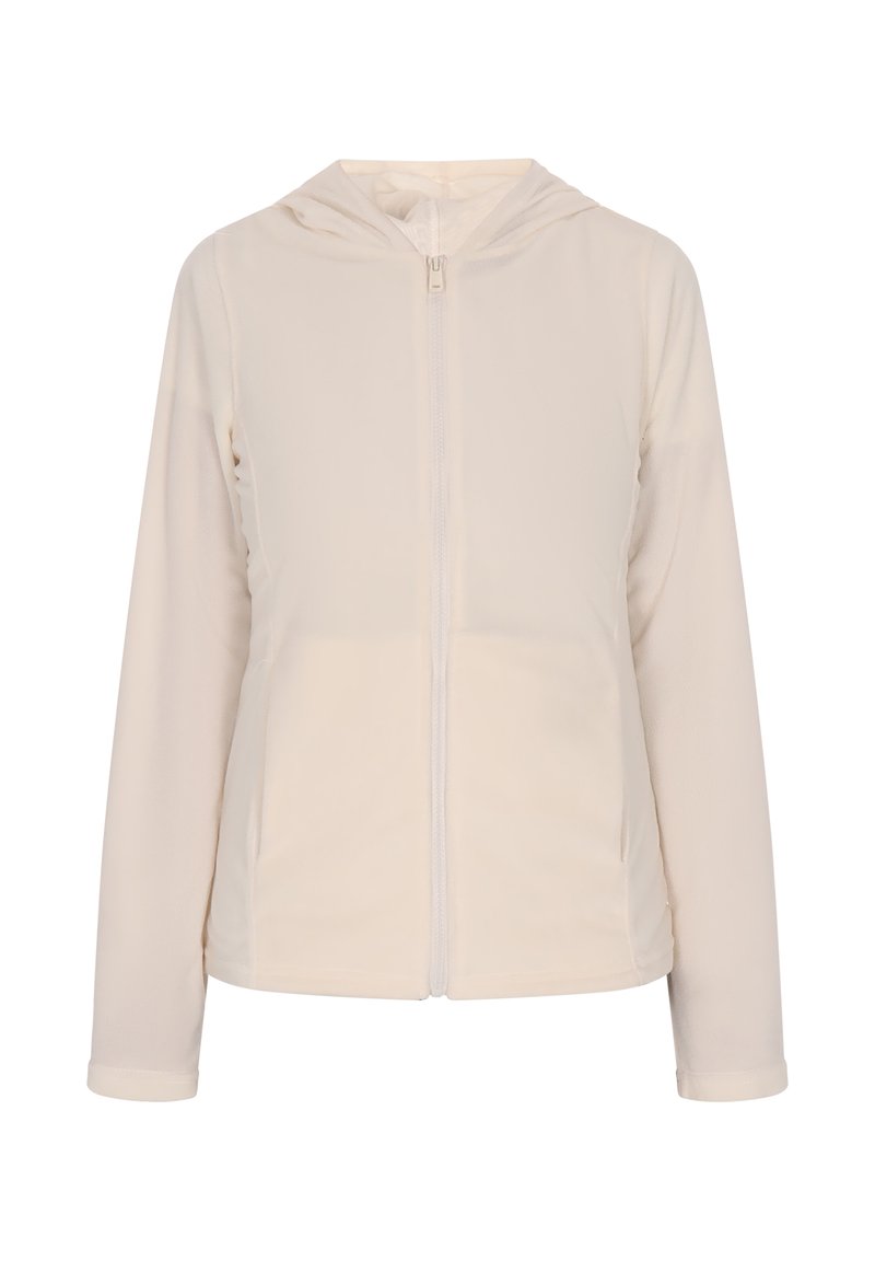 Giacca con cappuccio in beige chiaro, dotata di zip a tutta lunghezza, maniche lunghe e una texture morbida e liscia. Design minimalista senza fantasie.