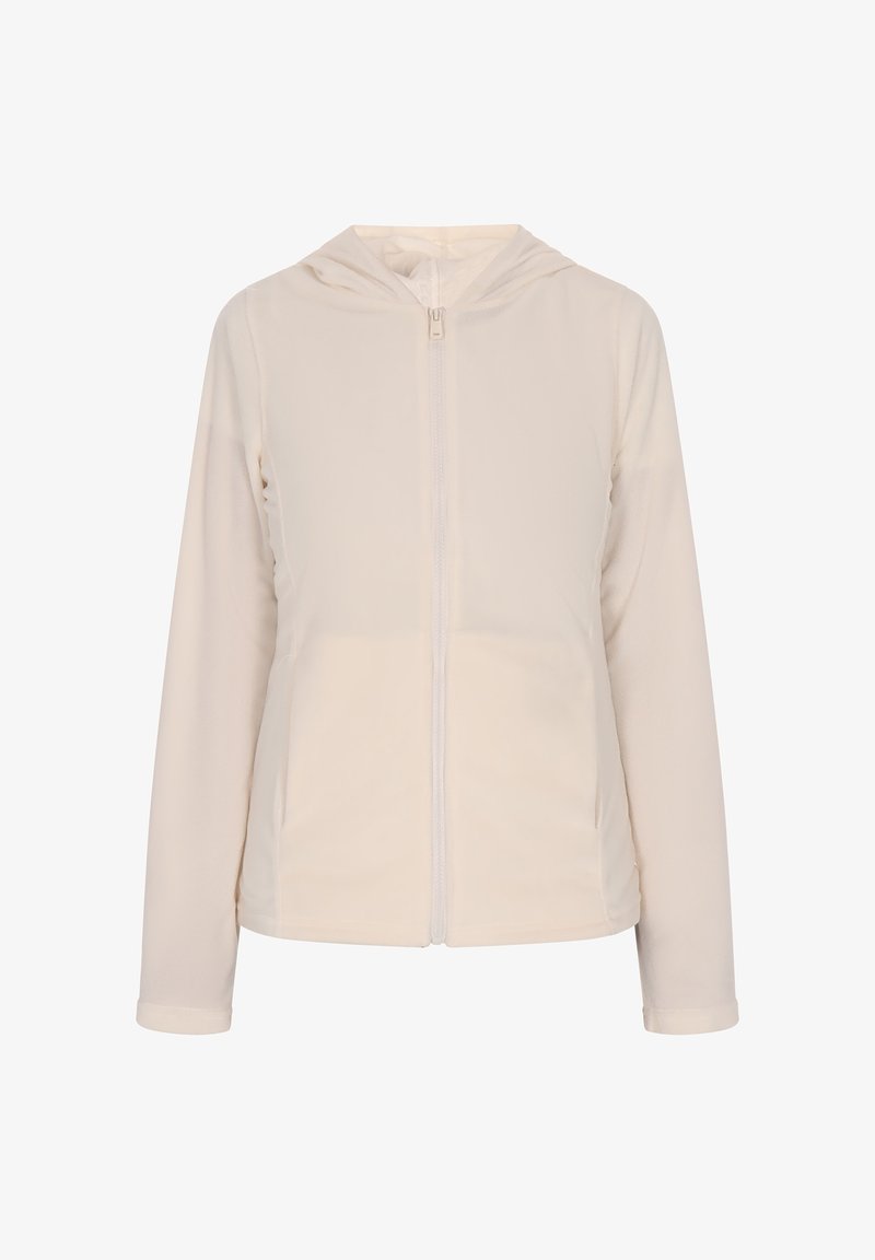 Giacca con cappuccio in beige chiaro, dotata di zip a tutta lunghezza, maniche lunghe e una texture morbida e liscia. Design minimalista senza fantasie.