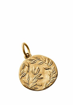 Colgante redondo de oro con diseño en relieve de rama de olivo y asa incorporada para collar o pulsera.