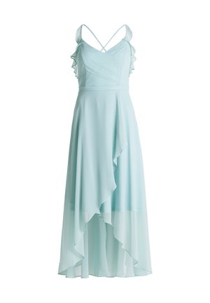 Robe sans manches bleu clair avec des accents froncés, un design croisé et un ourlet asymétrique. Fabriquée en tissu fluide et léger.