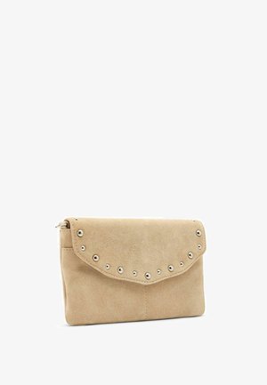 Beige suede clutch with a flap adorned by two rows of small silver studs arranged in a semi-circle pattern.