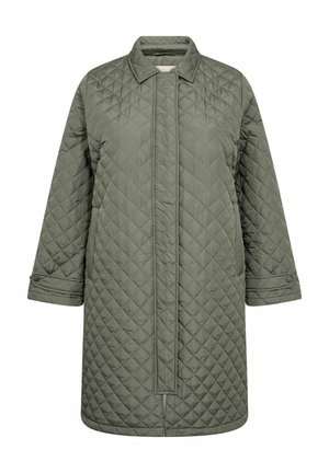 Köptad, olivgrön jacka med krage, framknäppning och trekvartslånga ärmar. Texturerat tyg med ett diamantmönster.