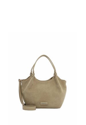 Bolso beige con dos asas, una correa de hombro desmontable y una pequeña etiqueta rectangular de la marca en la parte delantera.