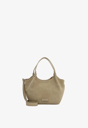 Bolso beige con dos asas, una correa de hombro desmontable y una pequeña etiqueta rectangular de la marca en la parte delantera.