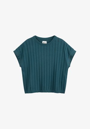 Turquoise geribd korte mouw gebreid topje met ronde hals en losse pasvorm, met label "MELA" aan de binnenkant van de kraag.