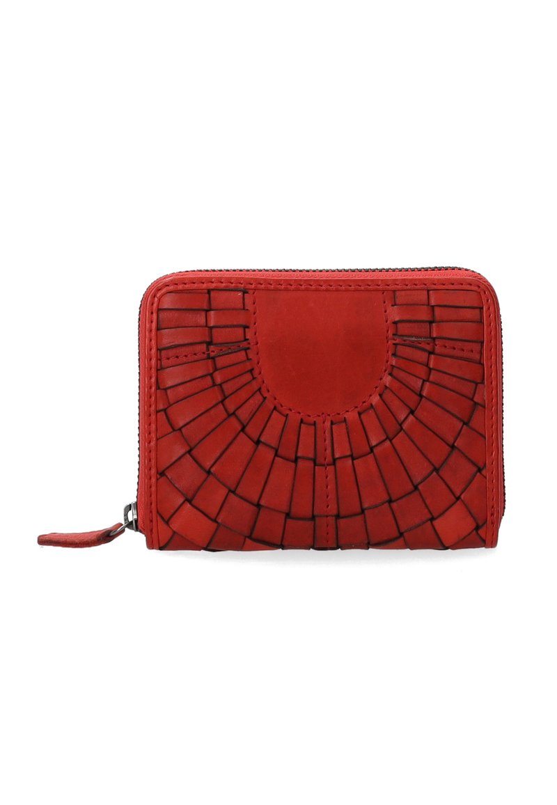 Red leather wallet with a textured, woven pattern and a circular accent. Features a zip closure and a small zipper pull tab.