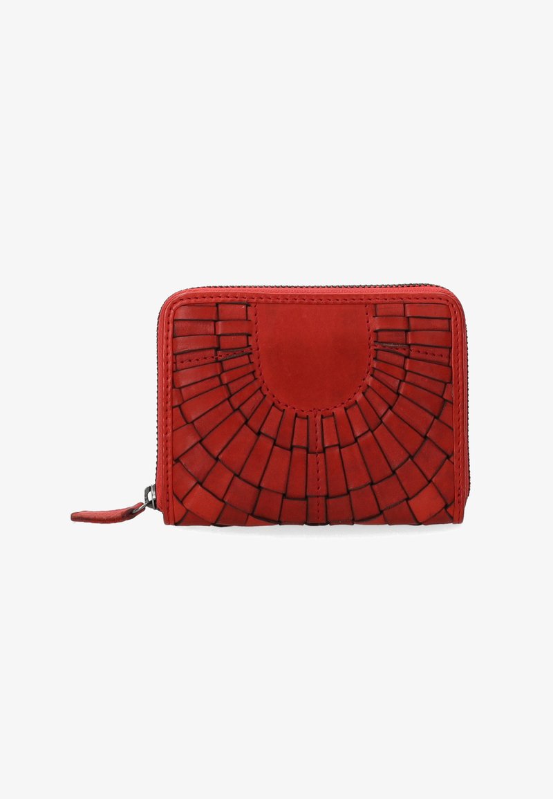 Czerwony skórzany portfel z teksturowanym, plecionym wzorem i okrąłym akcentem. Posiada zamek błyskawiczny i małą pętelkę dociągającą.