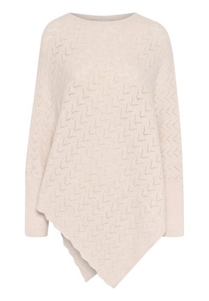 Helle beige Poncho mit Zickzackmuster, aus weichem Strickstoff gefertigt. Verfügt über einen Bootsausschnitt und einen asymmetrischen Saum mit gerippten Bündchen.