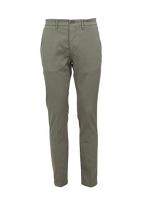 Hlače slim fit, olivno zelene barve, izdelane iz lahkotnega bombaža. Imajo gumbasto zapiranje, zanke za pas in sprednje žepke. Gladka tekstura, prirejena oblika.