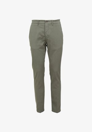 Hlače slim fit, olivno zelene barve, izdelane iz lahkotnega bombaža. Imajo gumbasto zapiranje, zanke za pas in sprednje žepke. Gladka tekstura, prirejena oblika.