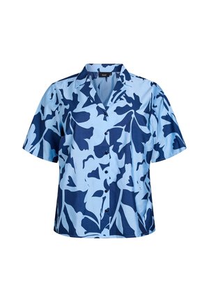 Koszula krótki rękaw, niebieska z ciemnoniebieskimi wzorami kwiatowymi. Posiada kołnierz i guziki z przodu. Wykonana z lekkiego materiału.