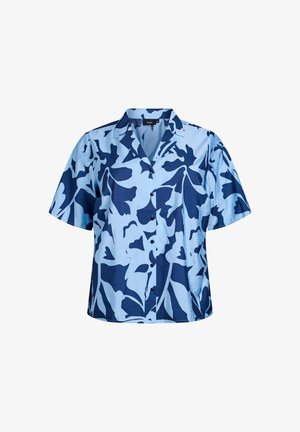 Kurzärmliges, blaues Hemd mit dunkelblauen Blumenmuster. Verfügt über einen Kragen und Knöpfe an der Vorderseite. Hergestellt aus leichtem Stoff.