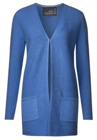 Blauwe cardigan met een rits aan de voorkant, lange mouwen, ribbelstructuur en twee voorzakken. Gemaakt van een zachte gebreide stof.