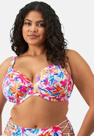 Bloemenbikinitop met gevoerde cups, voorzien van levendige roze, blauwe en oranje bladeren op een witte achtergrond. Verstelbare bandjes en naadloos ontwerp.