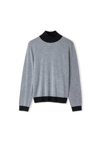 Pull gris avec un col montant noir et des poignets, doté de manches longues et d'un tissu texturé. Design simple et épuré avec un minimum de détails.