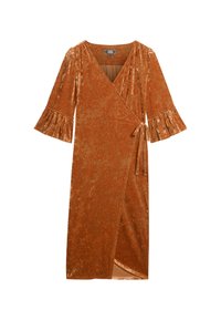 Robe portefeuille en velours orange rouille avec de longues manches évasées et une taille à nouer. Elle présente un décolleté en V profond et une légère brillance dans la texture du tissu.
