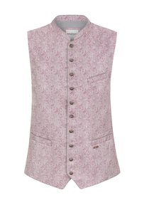 Ärmellose Weste in Hellrosa mit Paisleymuster. Verfügt über einen Stehkragen, silberne Knöpfe und eine einzelne Brusttasche mit Paspel.