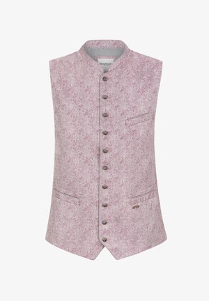 Sleeveless vest in light pink with a paisley pattern. Features a stand-up collar, silver buttons, and a single chest pocket with trim.
