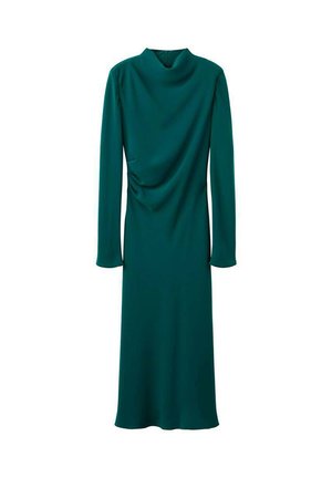 Teal long-sleeve dress made from smooth fabric, featuring a high neckline and gathered detailing on the side, falling below the knee.