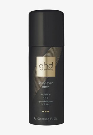 Bombe de spray cylindrique noire avec étiquette dorée indiquant ghd good hair day, shiny ever after final shine spray, 100 ml 3,4 fl. oz.