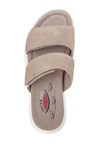 Beige slide sandals with two wide straps, soft suede material, textured footbed, and white rubber sole featuring a printed logo and sailboat design.
