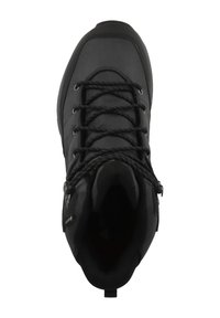 Bota de senderismo negra con parte superior de tela texturizada y cuello acolchado. Cuenta con ojales metálicos para los cordones y un bucle en el talón para facilitar el calzado.