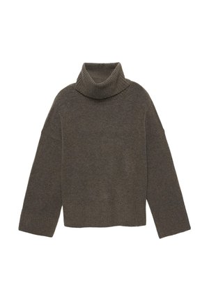 Hnedý rolák vyrobený z jemného materiálu, s rebrovaným golierom, širokými rukávmi a skráteným strihom. Hladká textúra bez vzorov.