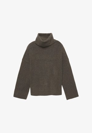 Smeđi džemper s visokim ovratnikom, izrađen od mekog materijala, s rebrastim ovratnikom, širokim rukavima i skraćenim dizajnom. Glatka tekstura bez uzoraka.