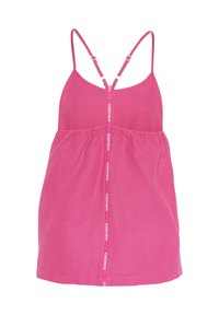 Pink sleeveless top with thin straps, gathered waistband, and a central strap featuring logo print. Soft, textured fabric.