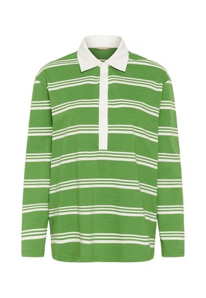 Tricou polo cu mâneci lungi, verde, cu dungi orizontale albe. Are guler alb și fâșie frontală cu trei nasturi. Material moale din bumbac.