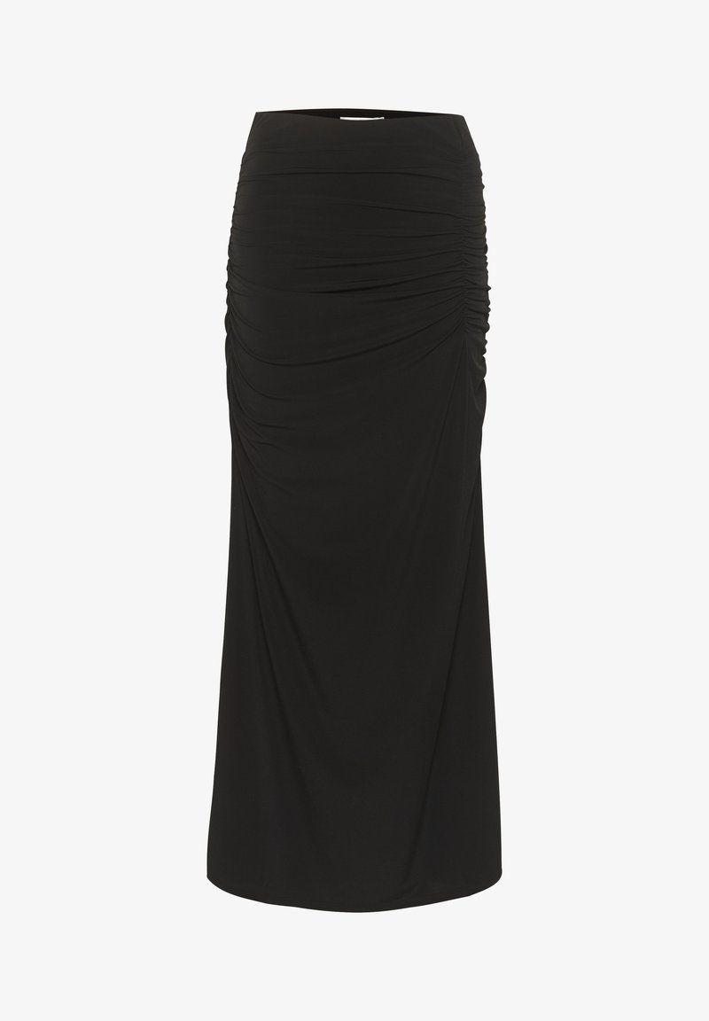 Jupe longue noire taille haute avec des détails froncés sur les côtés, ajustée en haut et évasée vers l'ourlet.