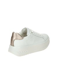 White leather sneaker with a textured silver heel accent, round toe, flat sole, and lace-up design, featuring a slight platform.