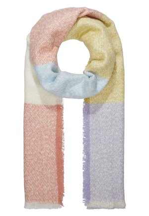 Soft rectangular scarf with color blocks in pastel pink, cream, light blue, yellow, and lavender, featuring a subtle herringbone pattern and fringed edges.