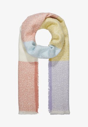 Écharpe rectangulaire douce avec blocs de couleur en rose pastel, crème, bleu clair, jaune et lavande, présentant un motif chevron subtil et des bords frangés.