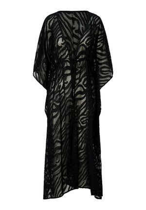 Černé průsvitné šaty s abstraktními vlnitými pruhy, s výstřihem do V, volnými rukávy a staženým pasem s detailem na zavazování.