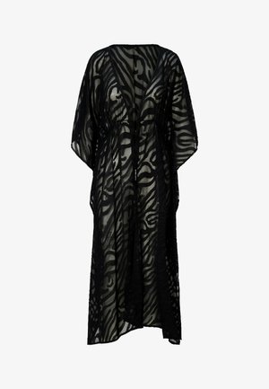 Zwarte doorschijnende jurk met abstracte golvende streepjespatronen, een V-hals, losse mouwen en een getailleerde taille met een strikdetail.