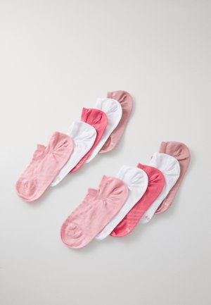 Set von sechs Paar niedrigen Socken in Pink, Hellpink und Weiß. Hergestellt aus einem Baumwollmix, mit nahtlosem Design und gerippten Bündchen.