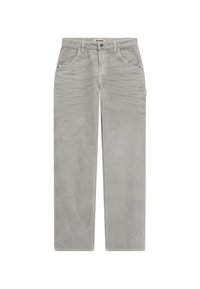 Pantaloni in cotone grigio con design a gamba dritta, tasche frontali e texture sottile. Presentano una chiusura con bottone e un'etichetta del marchio in vita.