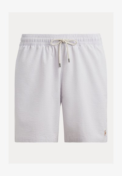 Ανοιχτό μπλε και λευκό μαγιό σερσούκερ με ελαστική μέση, μπροστινό κορδόνι και μικρό κεντητό λογότυπο κοντά στο τελείωμα.