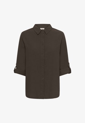 Dark brown long-sleeve button-up shirt with a collar and sleeves rolled to the elbows, displayed on a white background.