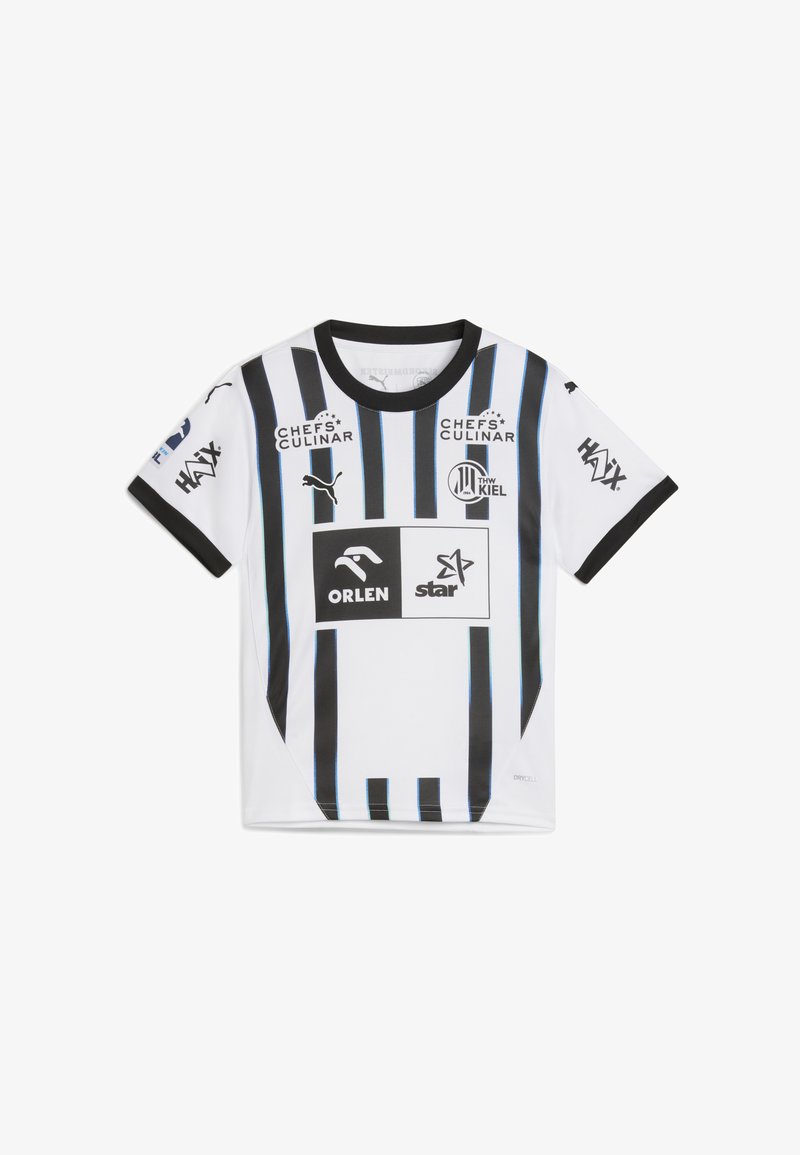 Balta sporta krekla ar melnām un ziliem vertikāliem svītrām, melna apdare, ar sponsoru logotipiem. Izgatavots no viegla, elpojoša materiāla.
