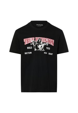 T-shirt noir True Religion avec un graphisme de Bouddha jouant de la guitare, texte « True Religion », « World Tour » et espaces réservés pour section, rangée, siège.