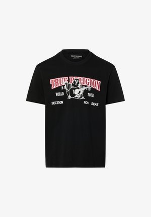 Zwart True Religion t-shirt met afbeelding van Boeddha die gitaar speelt, tekst "True Religion", "World Tour" en plaatsaanduidingen voor sectie, rij, stoel.