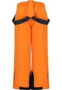 Orangene Schneehose mit schwarzen Akzenten, ausgestattet mit einem elastischen Bund, verstellbaren Trägern und seitlichen Lüftungsöffnungen für Belüftung und Bewegungsfreiheit.