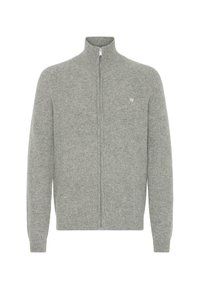 Pelēks zip-up džemperis, kas izgatavots no ribotā adījuma materiāla, ar augstu apkakli un mazu logo detaļu uz krūtīm.