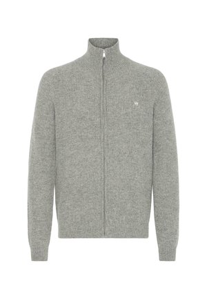 Szürke zipzáros pulóver bordázott kötött anyagból, magas gallérral és kis logó részlettel a mellkasán.